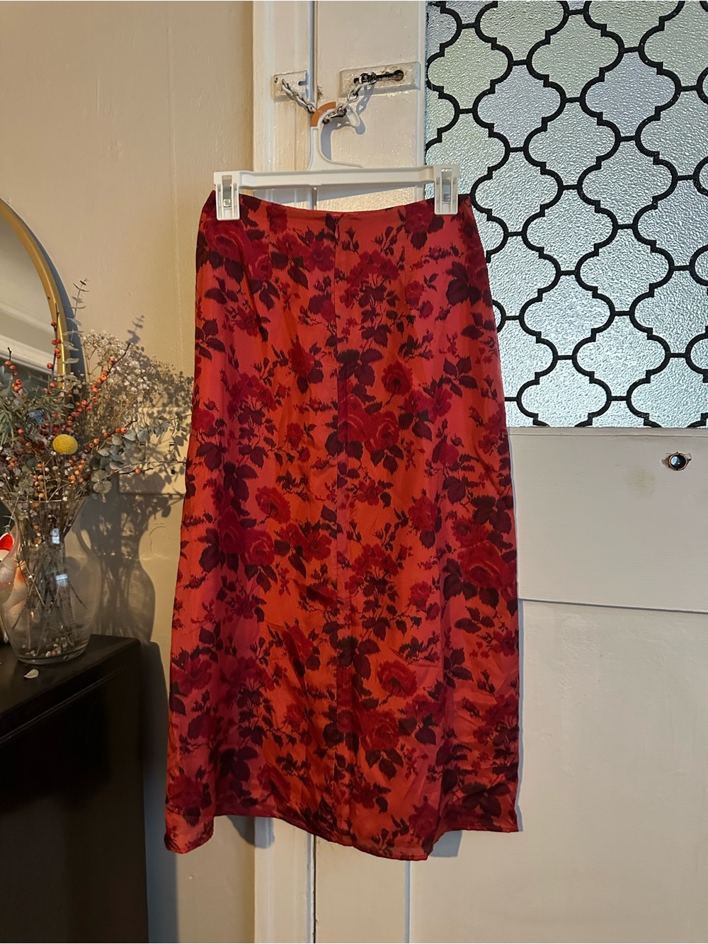Vintage Red Floral 100% Silk Midi Skirt